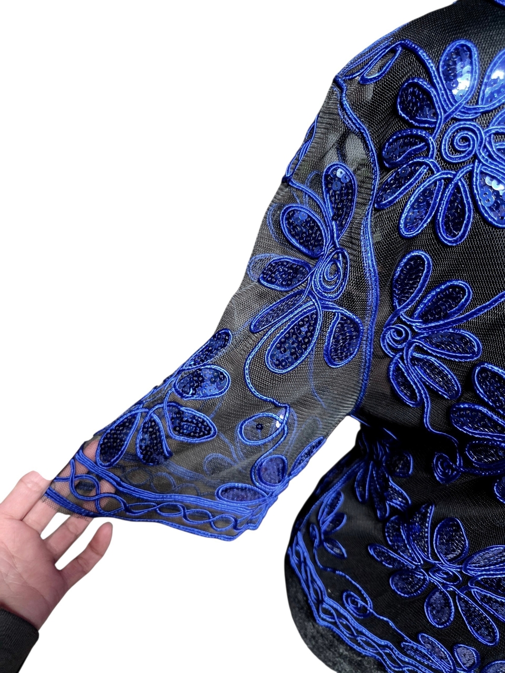 Sheer Floral Embroidered V-Neck Blouse Cobalt Blue Floral With Black Mesh - Picture 4 of 10